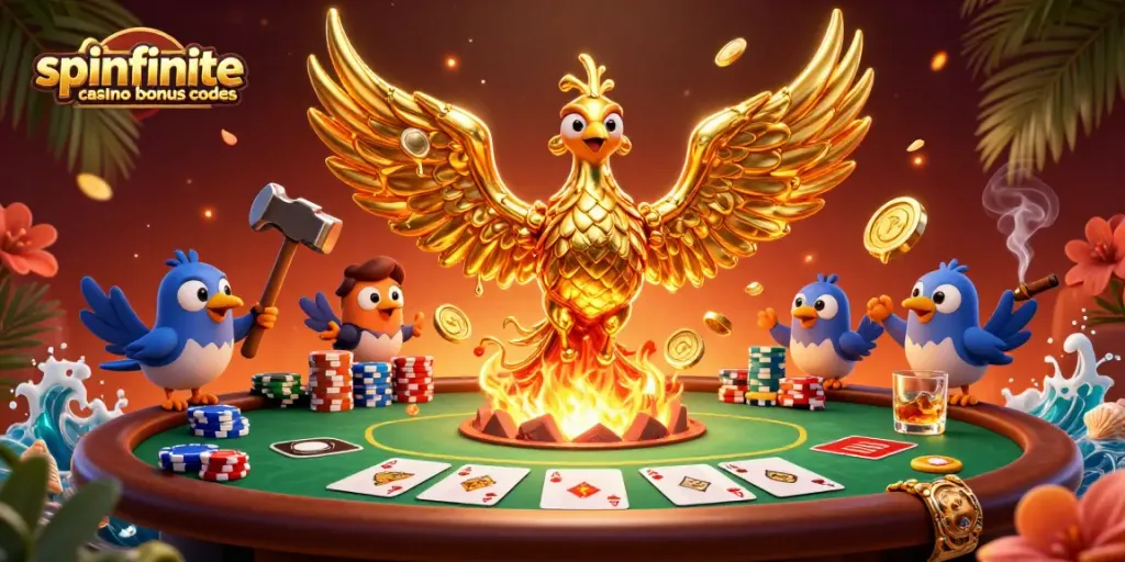 Spinfinite casino bonus codes revealed through a dynamic casino scene with golden phoenix and poker elements.