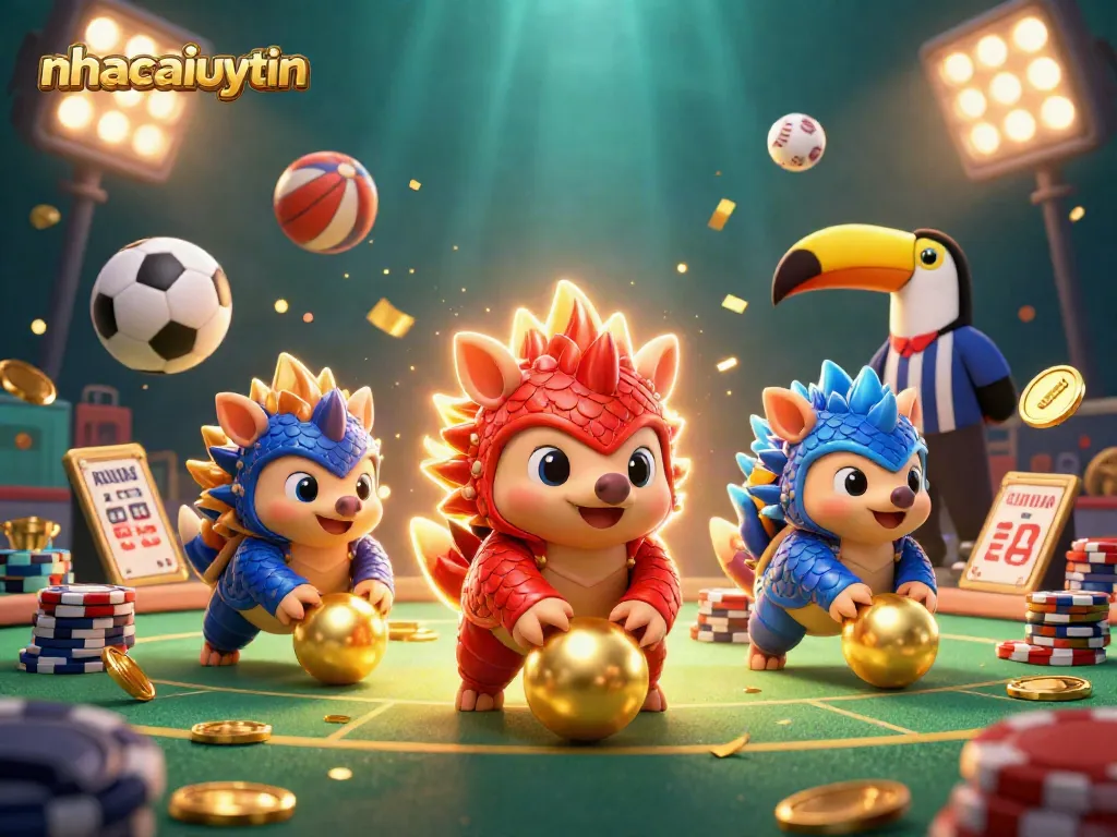 nhacaiuytin ramping up for a thrilling bowling match with cartoon pangolins and casino elements