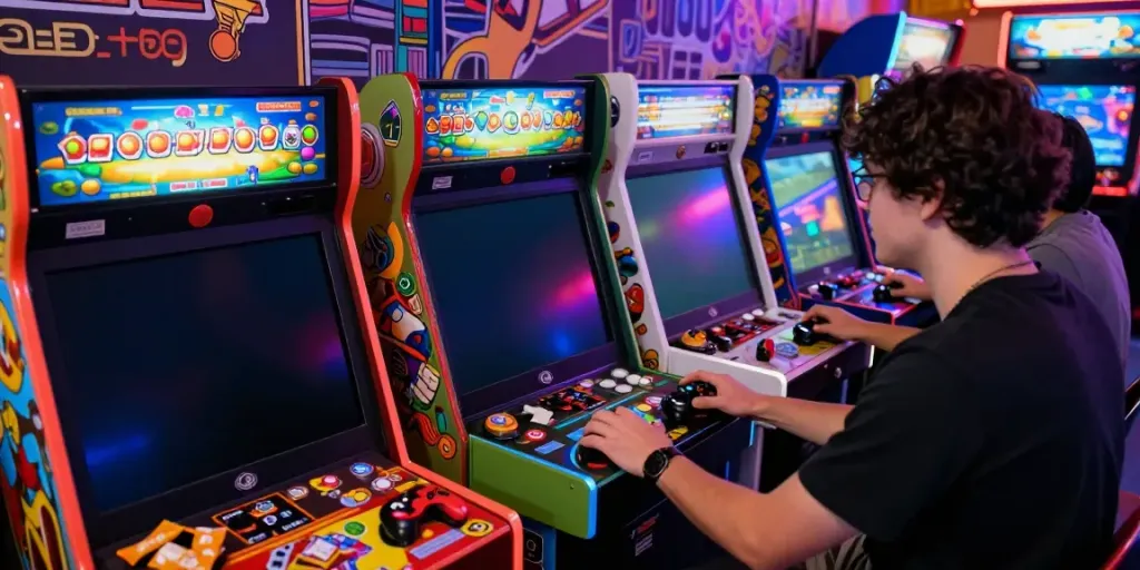Engaging scene of a person playing yono arcade on a smartphone surrounded by colorful gaming atmosphere.