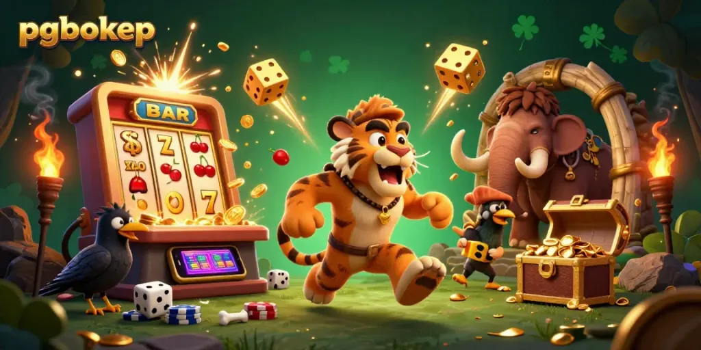 pgbokep creates an engaging prehistoric casino scene with sabertooth tiger and caveman characters.