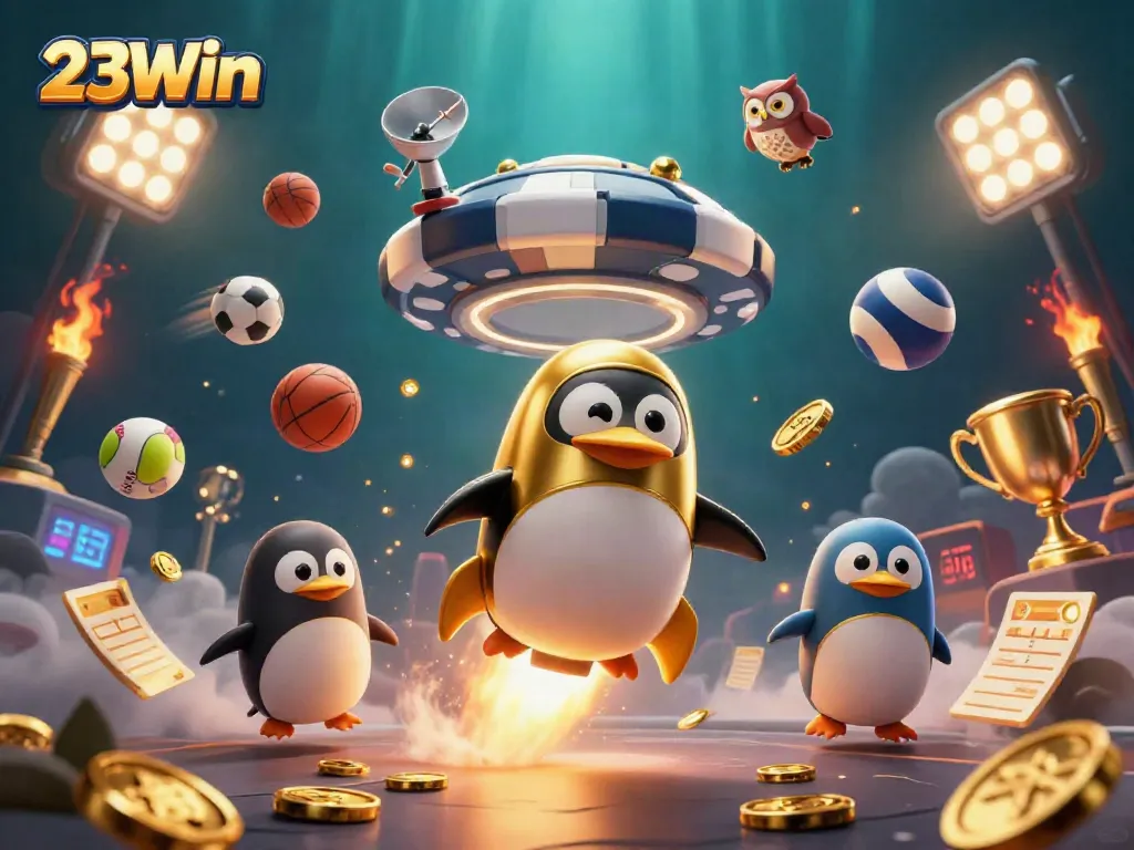 Experience thrilling adventures with 23Win as a golden penguin soars through space with golden coins!