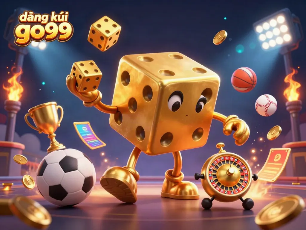 Experience the excitement of đăng ký go99 with a dynamic 3D illustration featuring a golden dice golem, sports elements and vibrant energy.