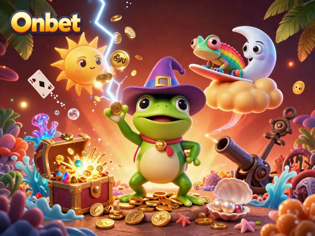Experience exciting gameplay at Onbet with dynamic characters and golden coin action in a vibrant casino setting.
