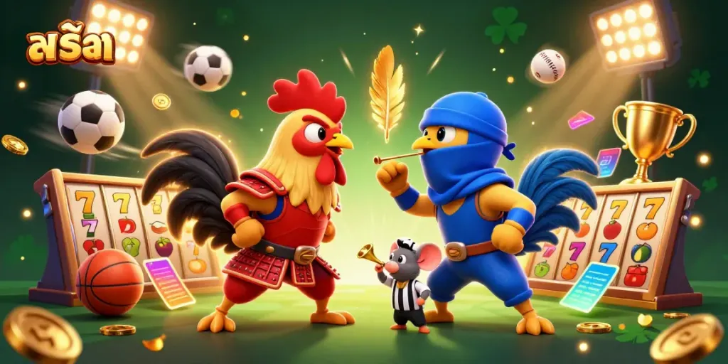 Experience thrilling สล็อต action with epic fighting roosters amidst vibrant slot visuals.