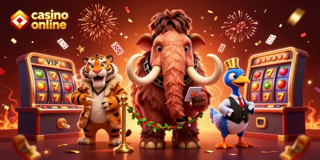 Menangkan permainan di casino online dengan bouncer mamut 3D dan tamu VIP di ilustrasi menarik ini.