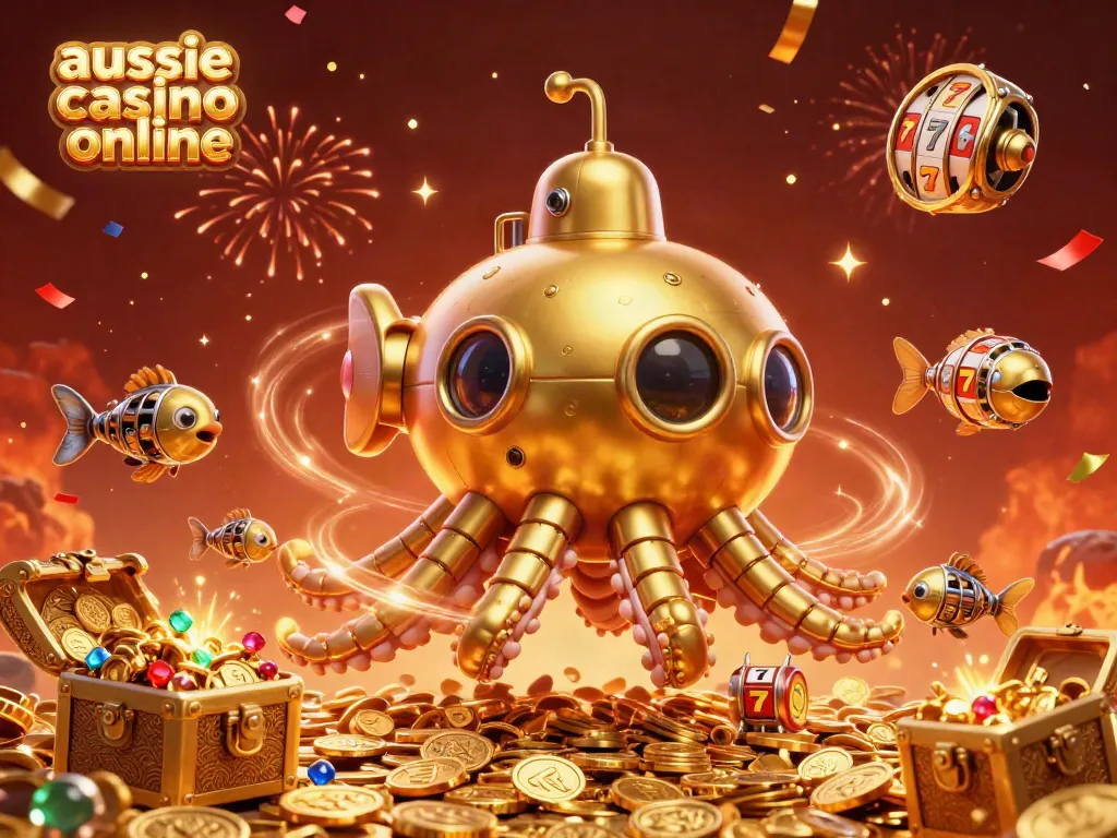 Engage with the dynamic action of aussie casino online showcasing a golden kraken submarine amidst colorful gaming elements.