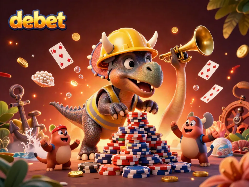 Engage with debet as a joyful triceratops builds a poker chip pyramid while celebrating with friends in a casino-themed scene.