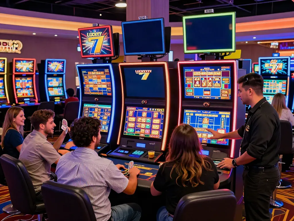 Excited players engaging with Lucky777 casino games in a lively atmosphere.