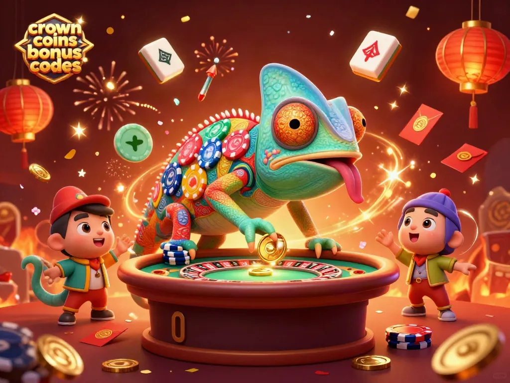 Play and win with crown coins bonus codes at a vibrant casino featuring a chameleon host and festive elements.