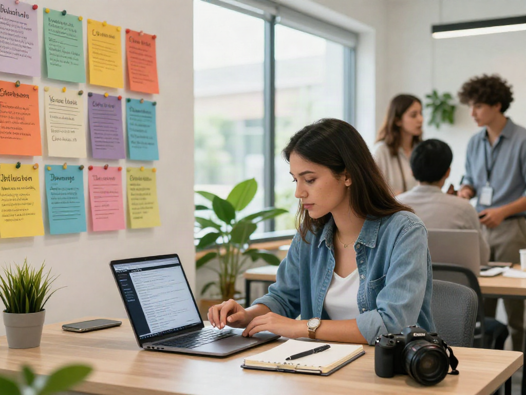 Job search scene with a woman reviewing หางาน listings in a modern workspace, showcasing career-focused ambiance.