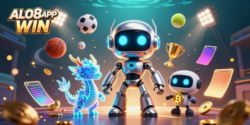Exciting scene of ALO8APP WIN with a cyberpunk robot, AI dragon, and drone assistant amidst dynamic sports elements.