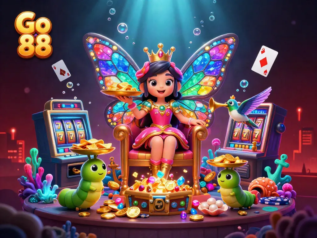 Experience the vibrant casino world with Go 88, featuring a butterfly queen and slot machines.