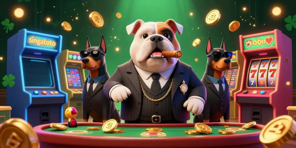 Engage in thrilling gaming at singatoto with a dynamic casino scene featuring a mafia boss bulldog.