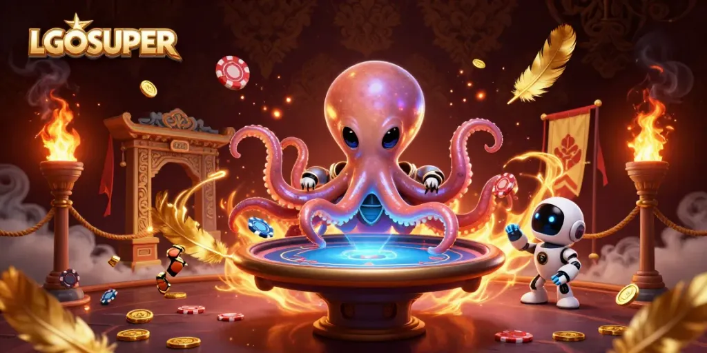 Engage with LGOSUPER at a lively poker table hosted by a cartoon alien octopus.