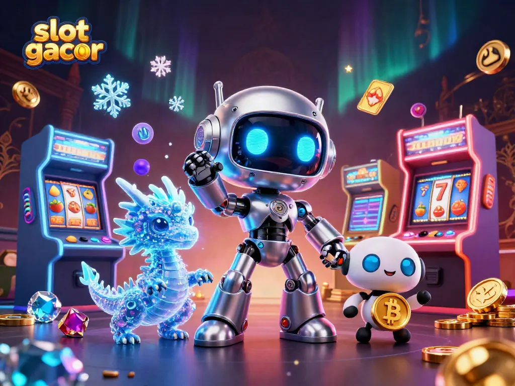 Putar slot gacor dengan robot cyberpunk dan naga holografik dalam ilustrasi kasino 3D modern.