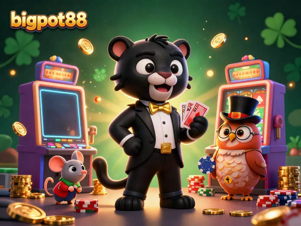 Experience excitement at bigpot88 with a panther dealer and colorful slot machines in action.