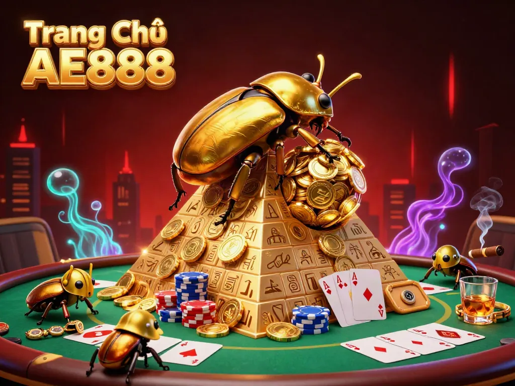Experience vibrant gaming action with Trang Chủ AE888 in a golden casino landscape.