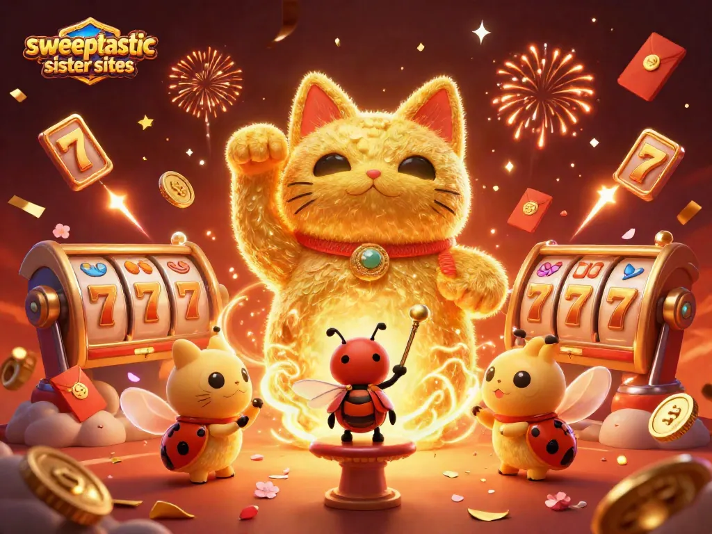 Sweepstakes casino excitement with sweeptastic sister sites represented by playful golden fireflies.
