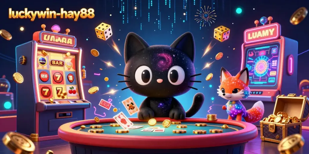 Engage with thrilling gameplay at luckywin-hay88, featuring captivating characters in a vibrant casino scene.