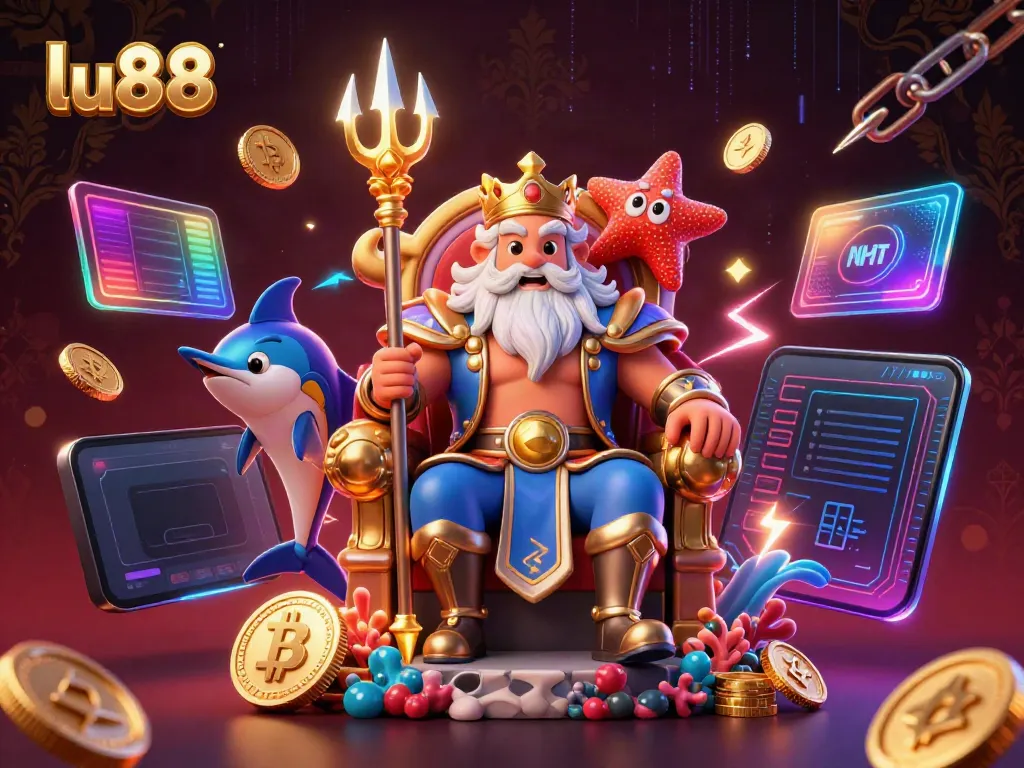 Experience the thrill of lu88's casino world with a vibrant illustration featuring 3D cartoon Neptune and crypto coins.