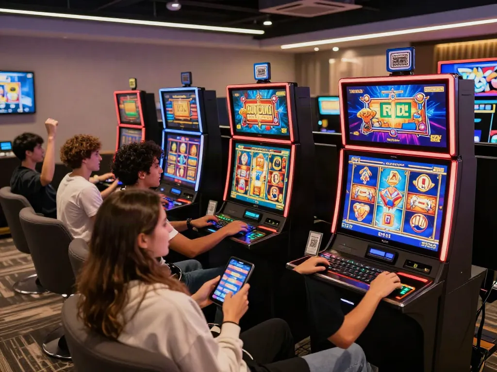 Excited players enjoying slot gacor games in a vibrant online gaming lounge.