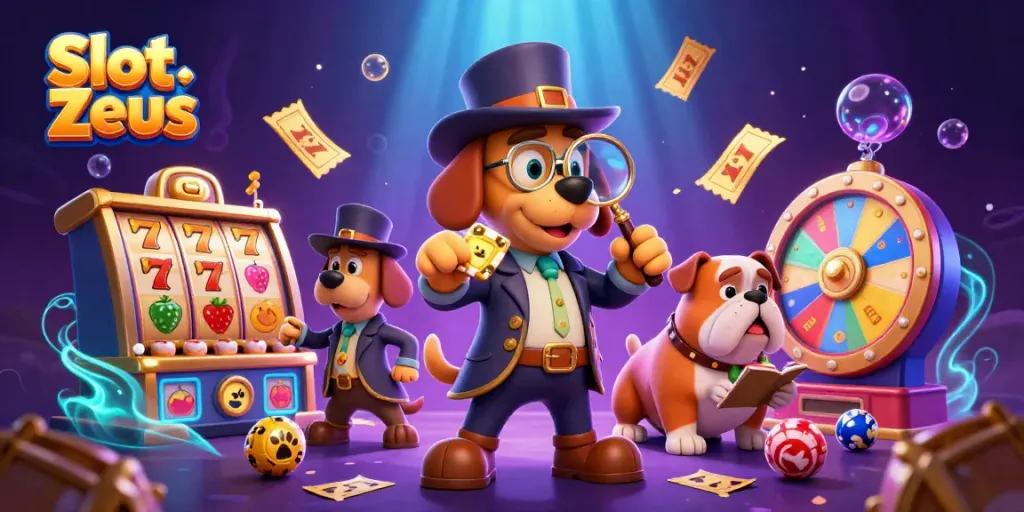 Slot Zeus menghadirkan detektif 3D dan bulldog di jalur petunjuk harta kasino yang cerah.