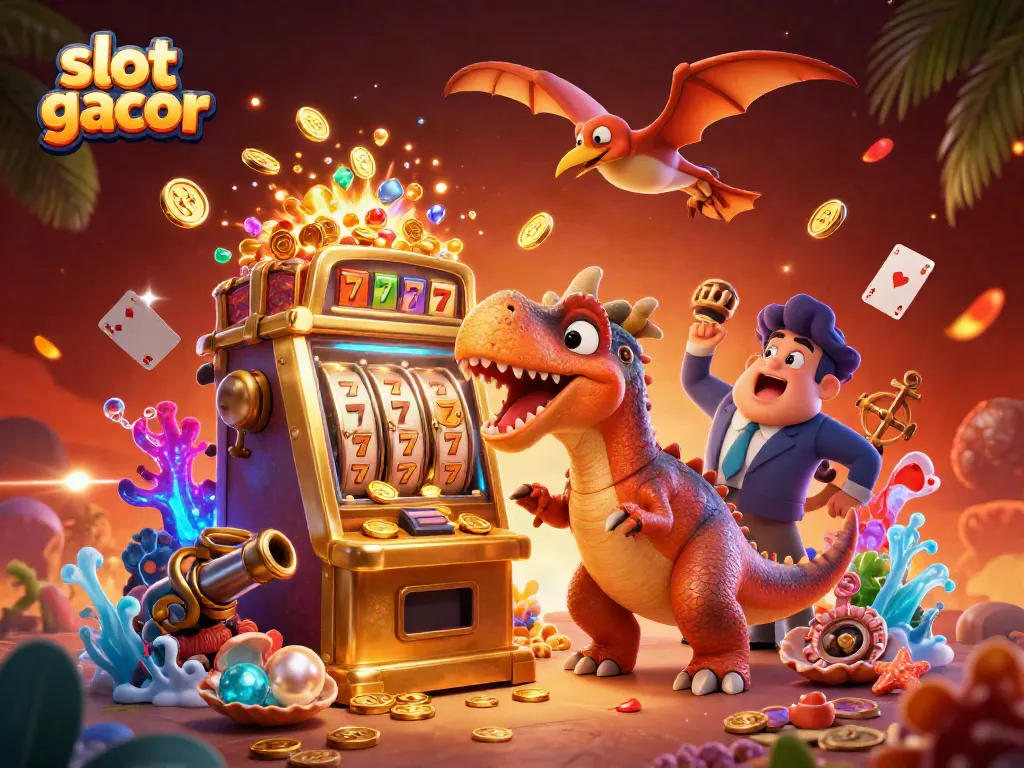Slot gacor membuat jackpot! Dinosaurus menang dan koin terbang di kasino.