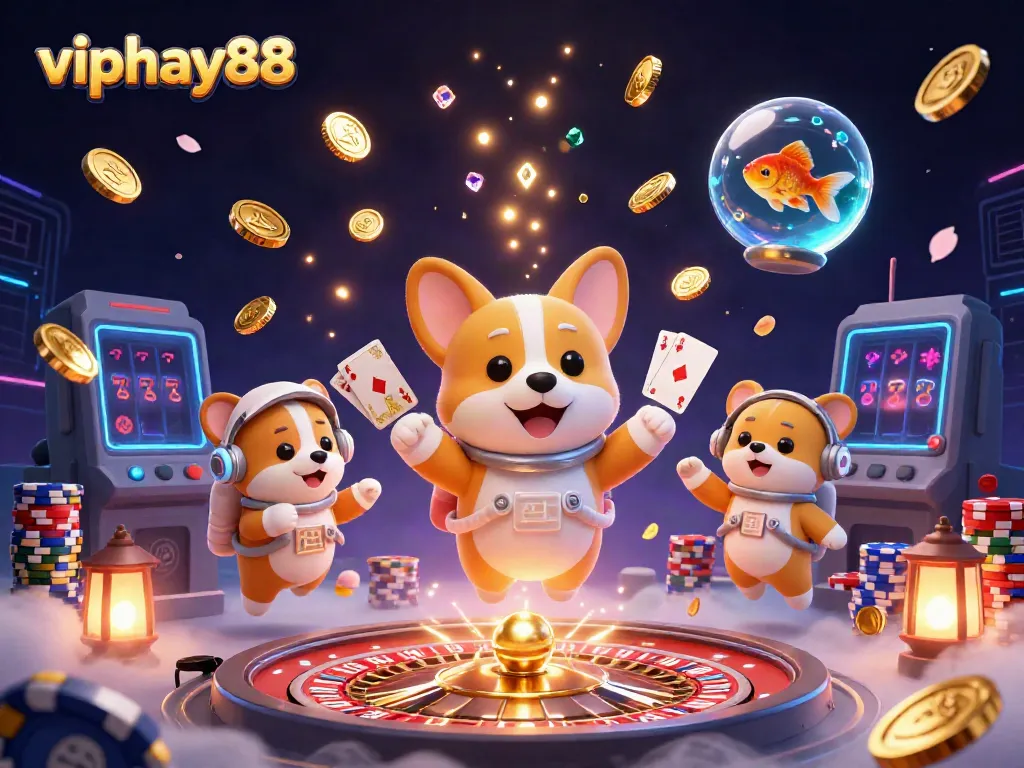 Engage with viphay88 through a 3D digital casino scene featuring an astronaut corgi floating among golden coins and poker chips.