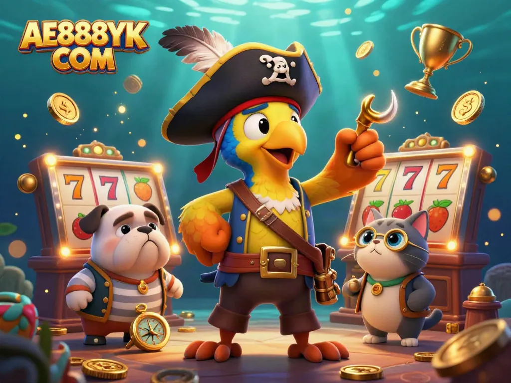 Experience the thrill of slots with vibrant characters at AE888YK COM in this immersive illustration.