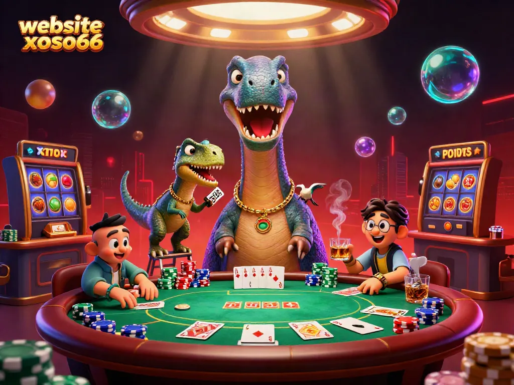 Experience excitement with website xoso66, featuring a 3D brontosaurus and vibrant casino elements.