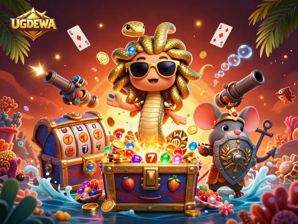 UGDEWA brings together a fun gaming scene with Medusa and a warrior mouse surrounded by exciting casino elements.