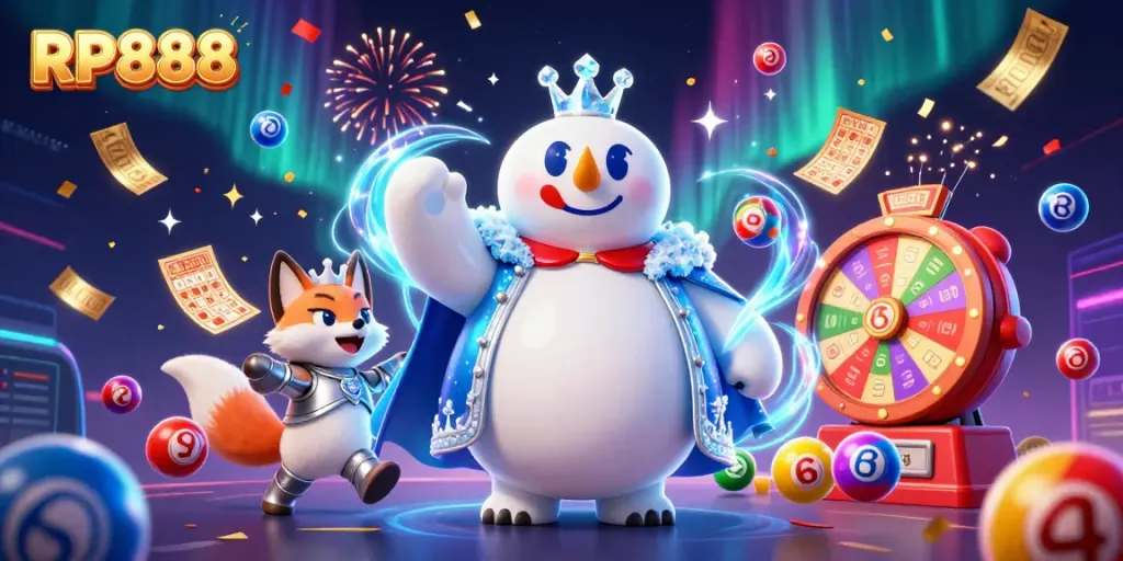 Win big with RP888 in a vibrant casino-themed illustration featuring animated characters and dynamic game elements.
