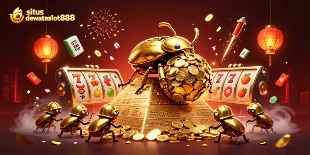 Slot online situs dewataslot888 dengan kumbang emas dan simbol kasino yang menarik.