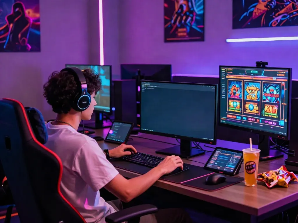 Engaging akunjp gaming setup with vibrant graphics and gaming gear.