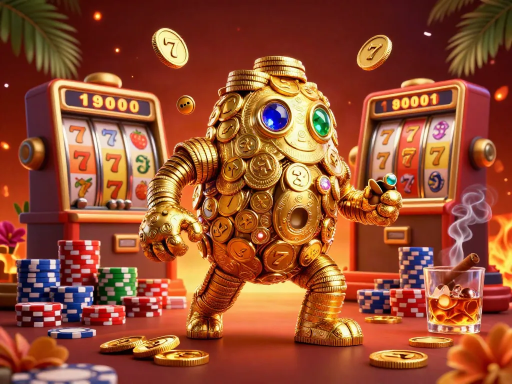 Slot gacor menciptakan suasana kasino yang meriah dengan simbol mesin slot dan koin emas berputar.