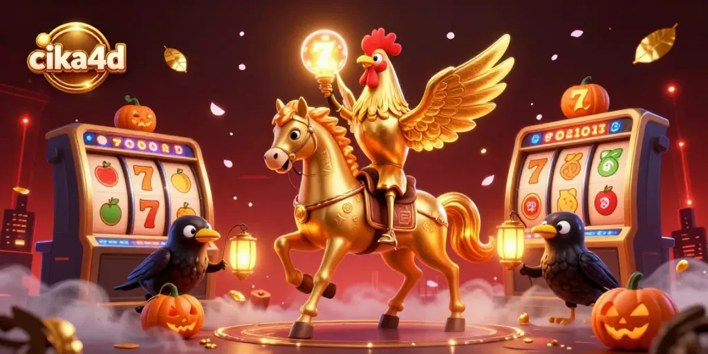 Experience cika4d’s thrilling jackpot excitement with golden rooster characters amidst vibrant casino elements.