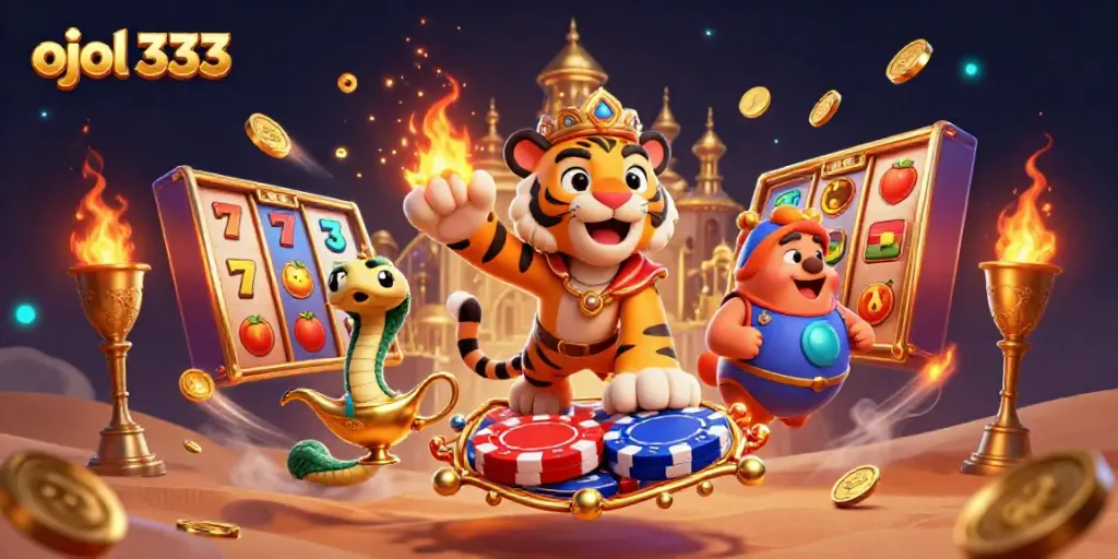 Experience interactive gaming with ojol 333 as a tiger sultan rides a magical carpet amidst vibrant slot machines.