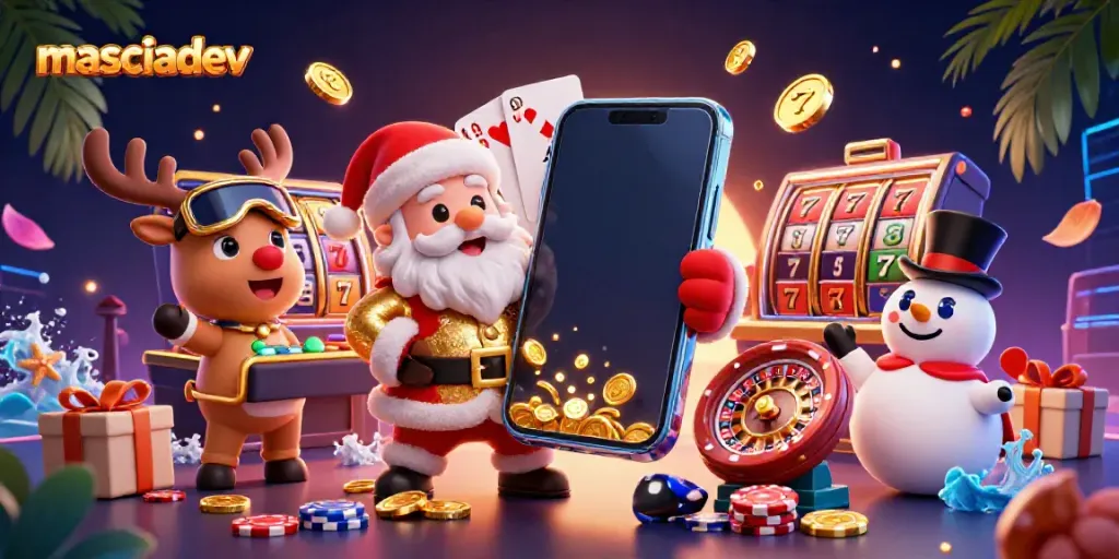 Experience the thrill of masciadev gaming with Santa, reindeer, and snowman amidst casino excitement.