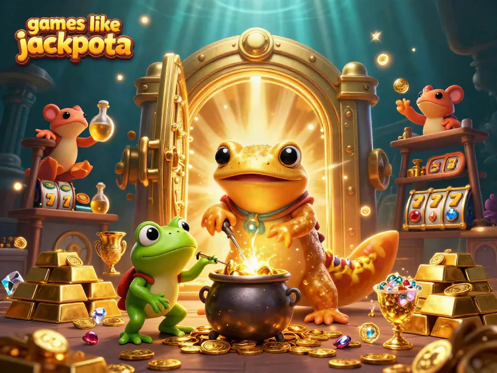 Play exciting games like jackpota with gold coins and rewards in a vibrant 3D casino scene.
