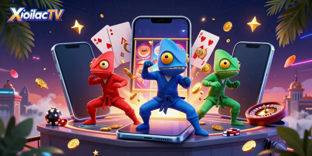 XoilacTV's vibrant chameleon ninjas engaging in synchronized martial arts on a casino rooftop.