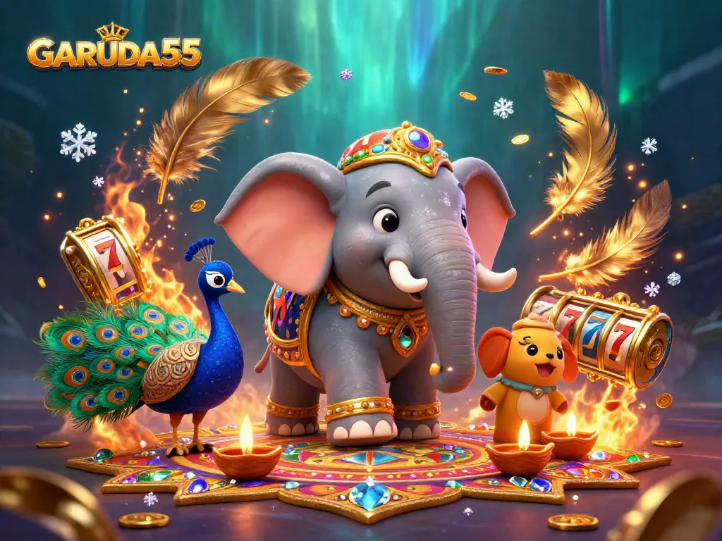 Experience thrilling gameplay and vibrant elements at GARUDA55, featuring engaging slot reels and colorful designs.