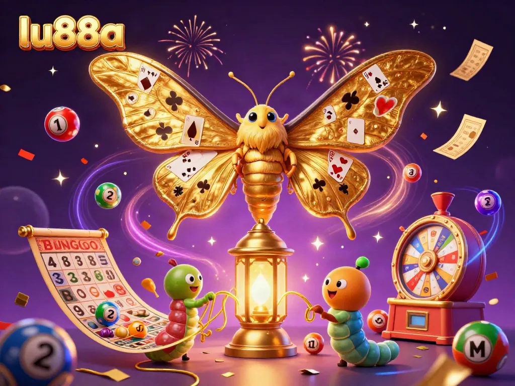 Engage with the vibrant casino world of lu88a as a 3D cartoon atlas moth displays card suits in a rich scene.