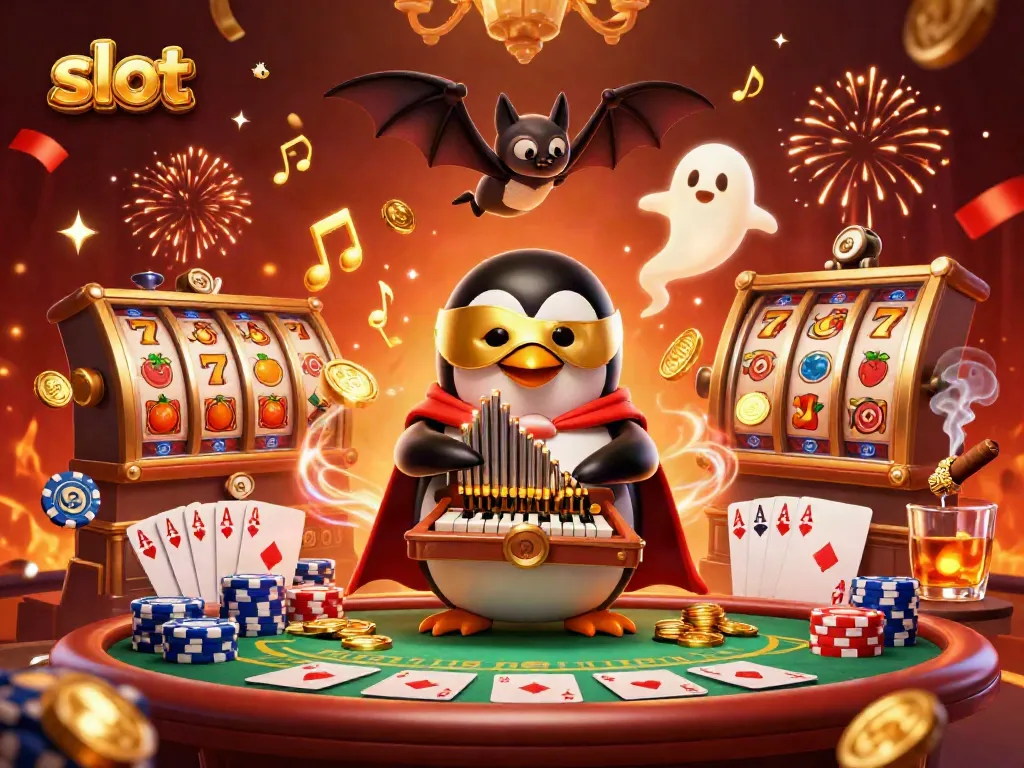 Experience the excitement of slots with a penguin organist and vibrant casino elements.