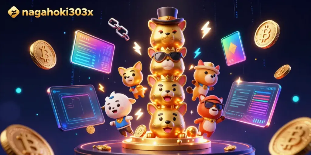 Nikmati permainan di nagahoki303x dengan simbol kasino dan elemen kripto 3D yang berwarna-warni.
