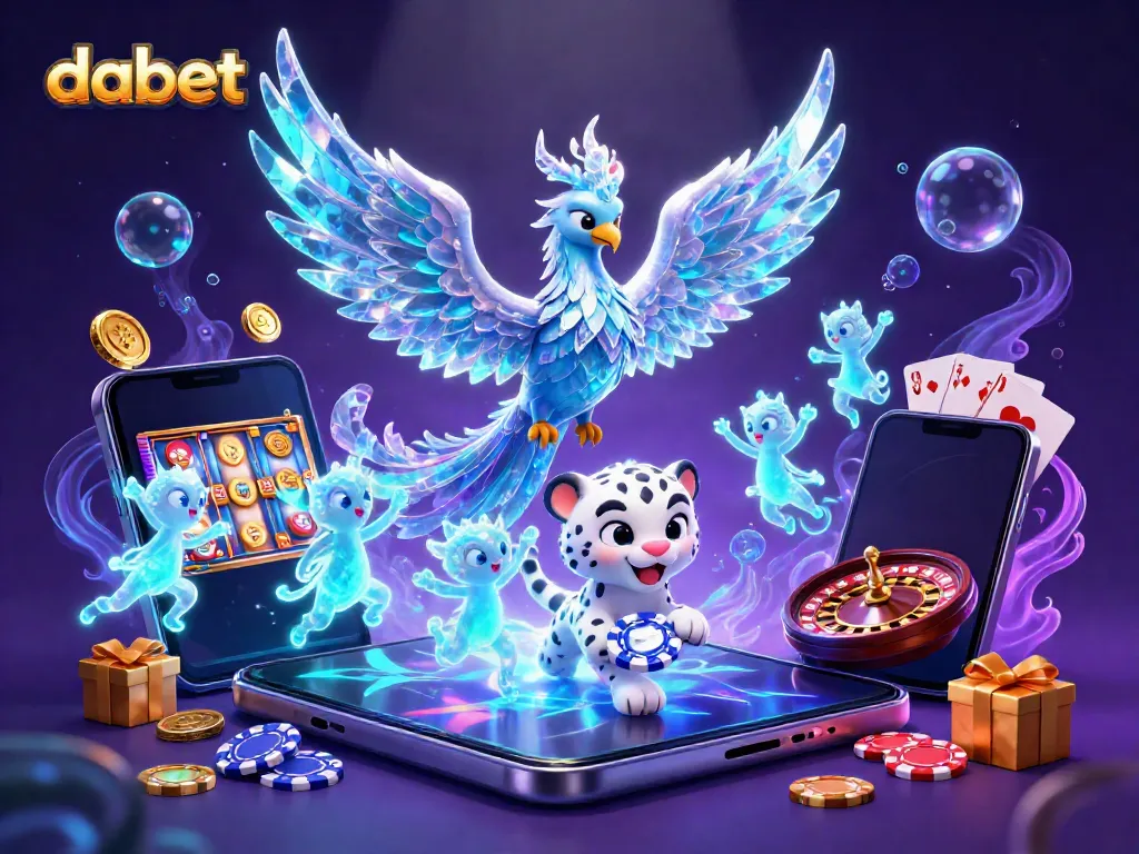 Engage with Dabet in a vibrant casino scene featuring an ice phoenix and gaming elements.