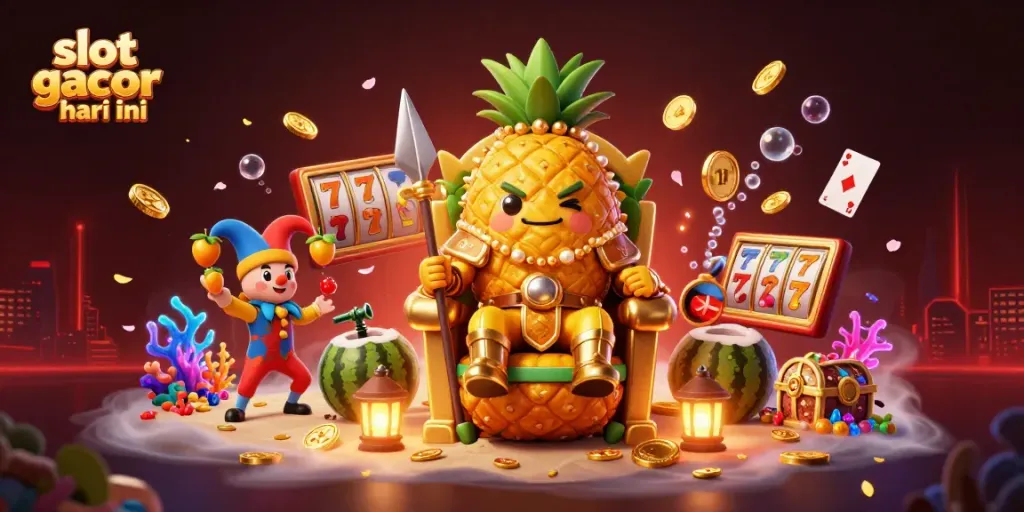 Engage with slot gacor hari ini featuring a golden pineapple king in a vibrant casino scene.
