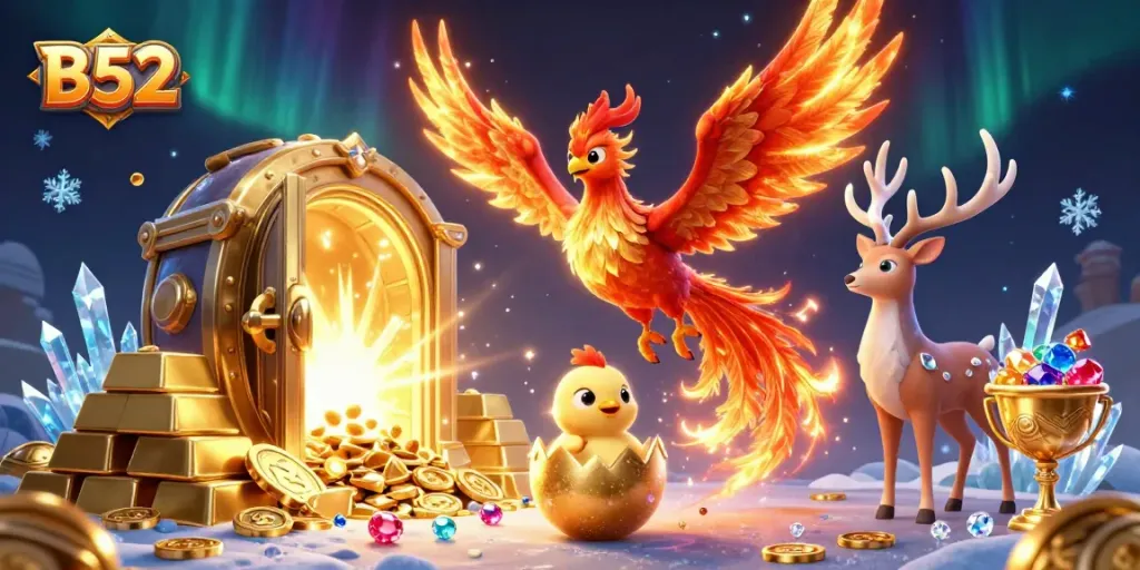 B52 gamblers engage in winning strategies with dazzling phoenix and treasure elements