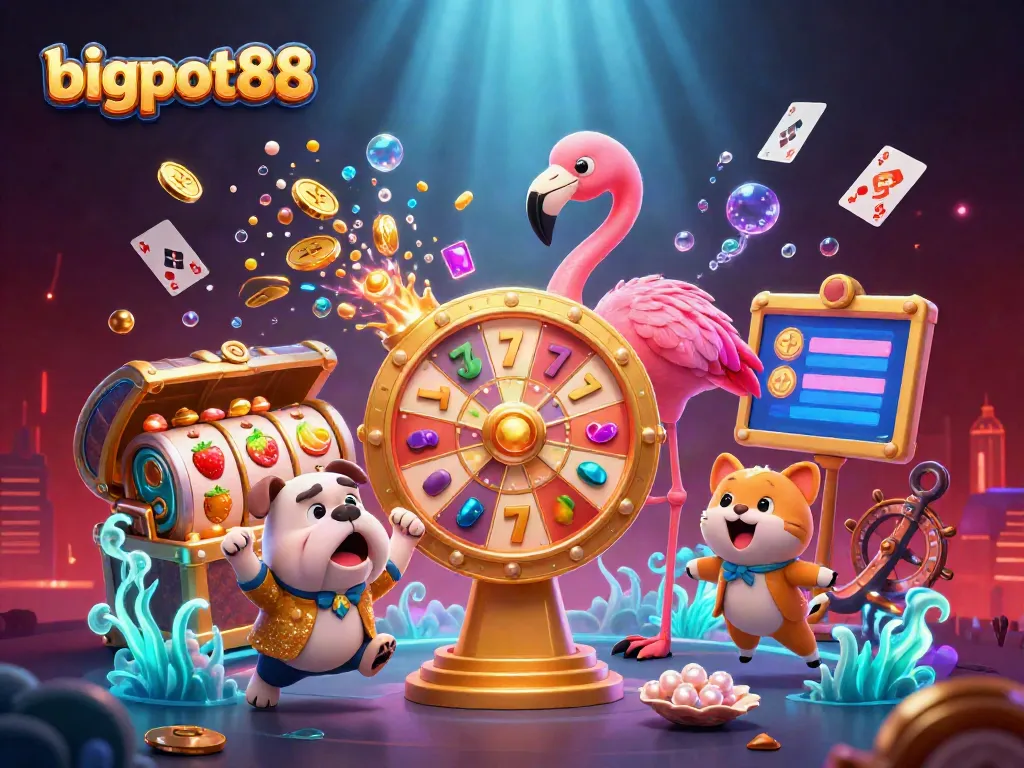 bigpot88 menampilkan flamingo sebagai host spin roda hadiah berkilauan di kasino virtual.
