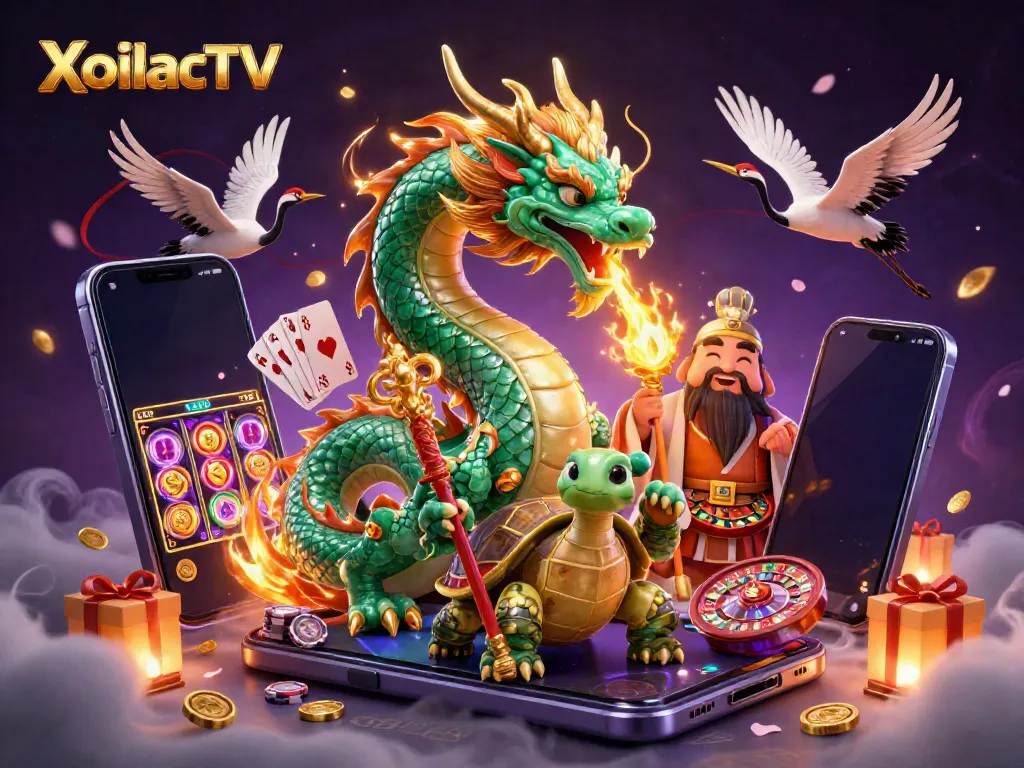 XoilacTV brings excitement with a dragon, cranes, and a turtle sage amidst gaming elements, symbolizing winnings.