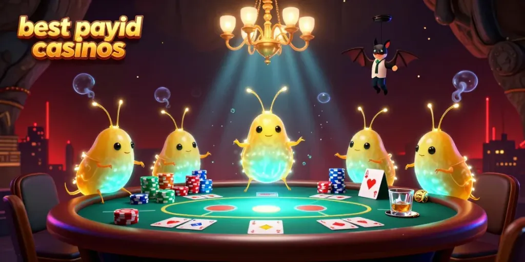 Glowworms illuminate a cave casino with fast action, showcasing the best payid casinos concept.
